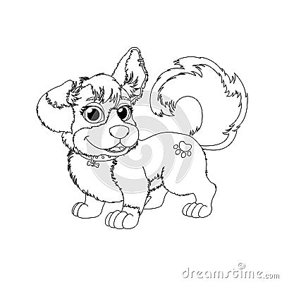 Coloring page for kids with funny dog with big tail. Vector Illustration